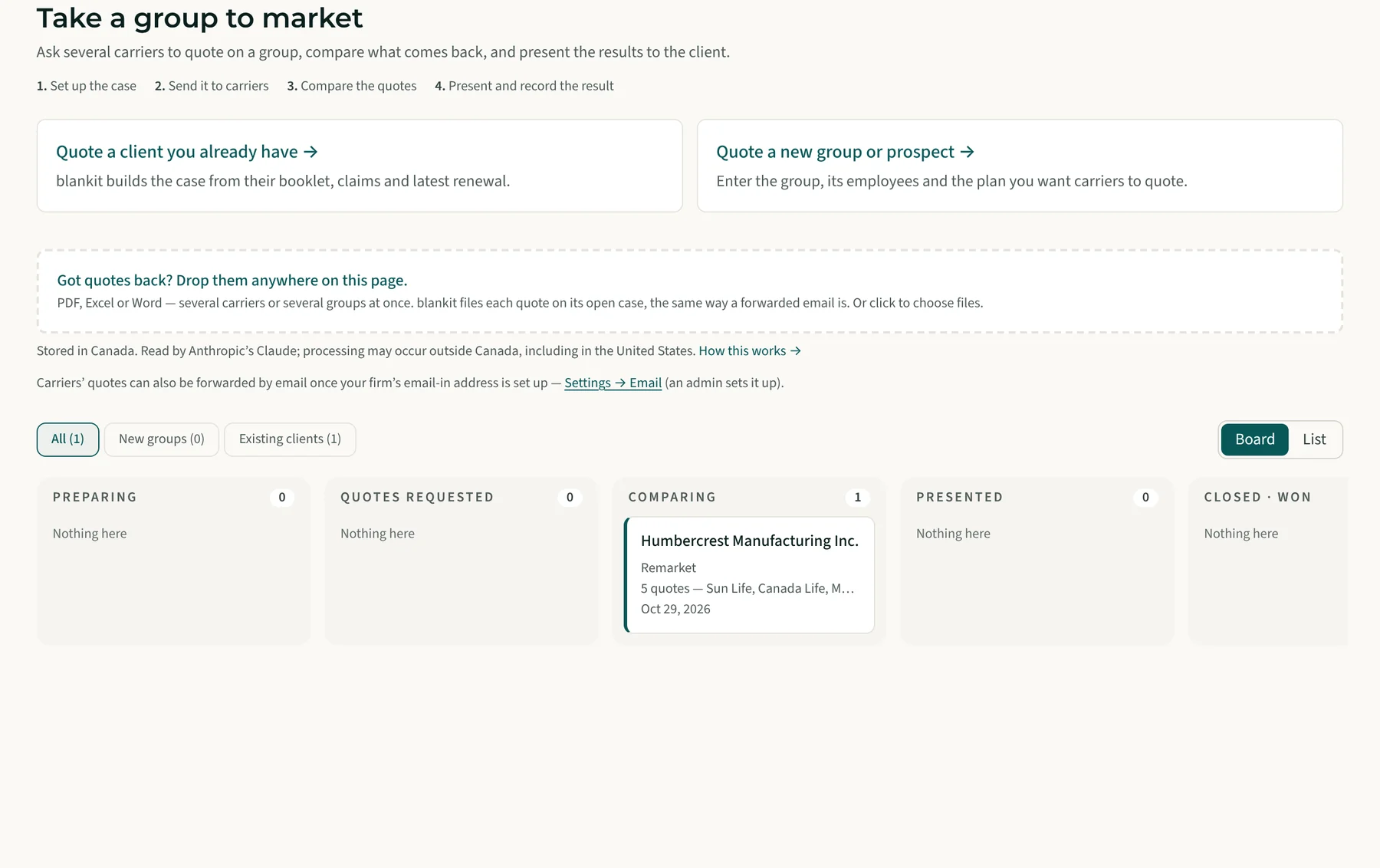 The Take a group to market screen with marketing cases by stage.