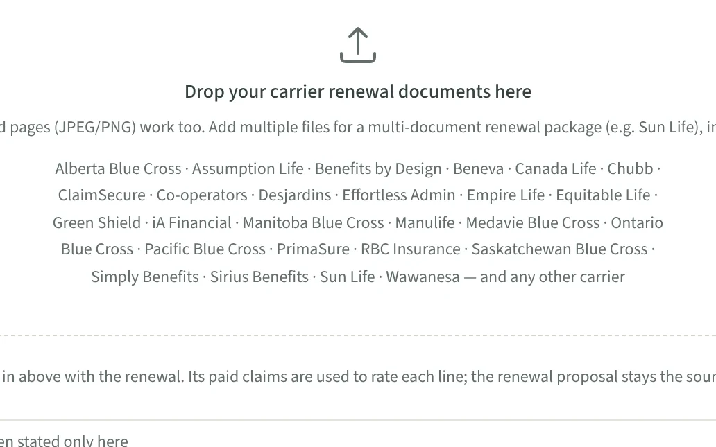 The drop zone on the Analyze a renewal screen — “Drop your carrier renewal documents here” — above the list of carriers whose formats blankit reads, ending “and any other carrier”.