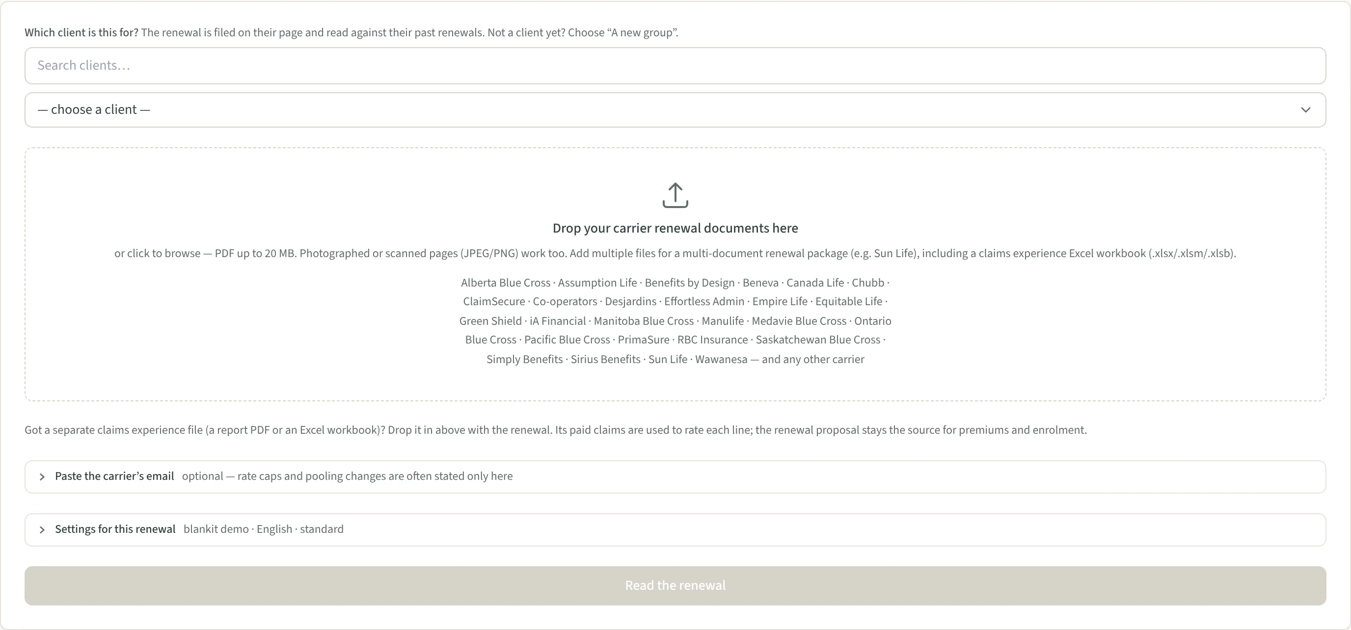 The Analyze a renewal screen, with a drop zone for the carrier’s renewal document.